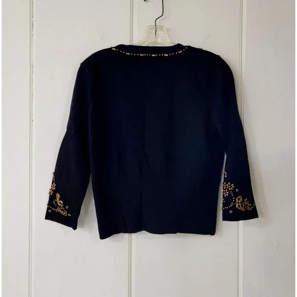 Vintage Sweaterworks Cropped Black Sweater Embroidered with Wooden Beads - Picture 4 of 5